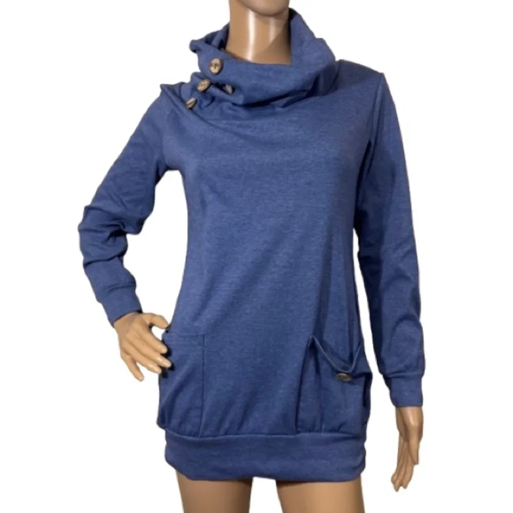 Blue Cowl Neck Sweater with Button Accents Size S